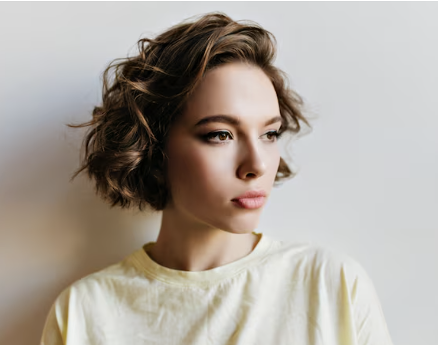 Woman with a softly waved brunette bob